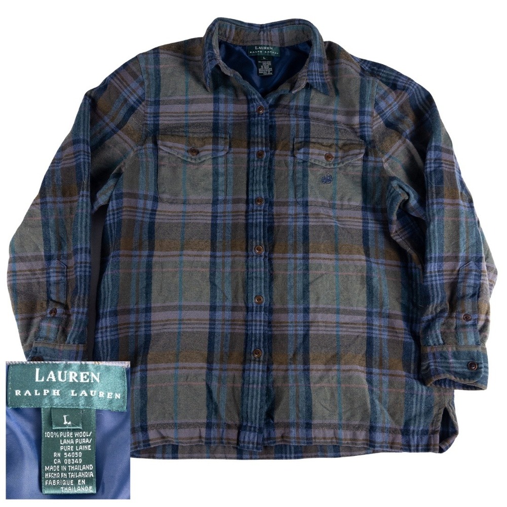 Lauren Ralph Lauren Wool Flannel Shirt Womens Large Brown Blue Plaid Boyfriend‎
